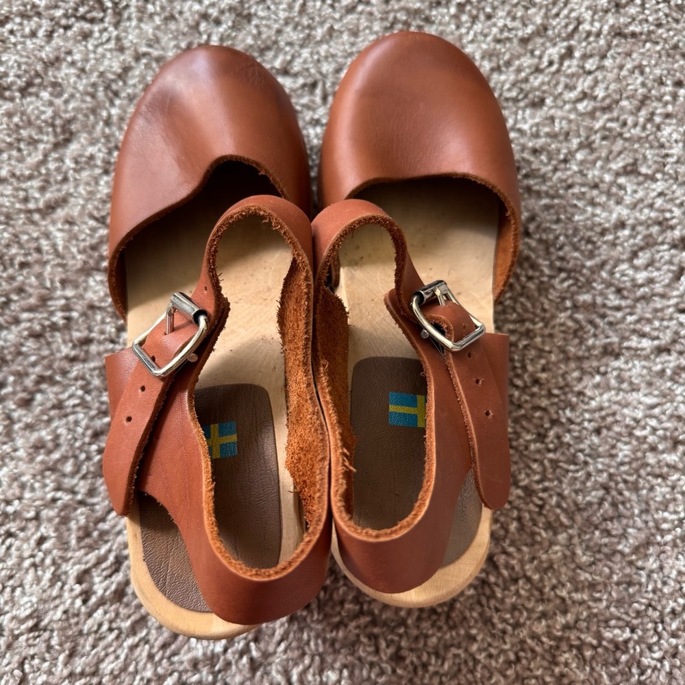 MIA Brown Leather Abba Clogs Size 36 US 6 Luggage Swedish 70’s Hippie Boho - Picture 5 of 11